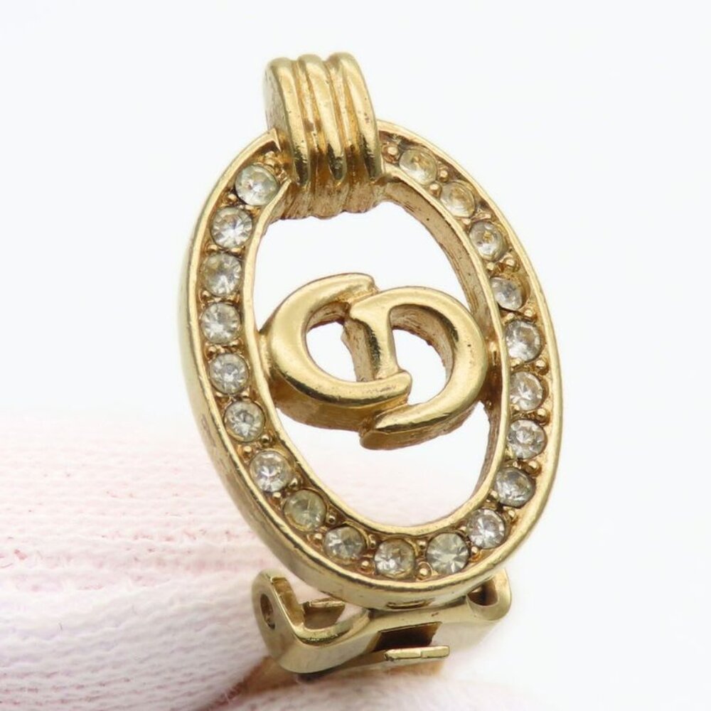 Christian Dior Earrings CD Logo Metal Rhinestone Gold Plated GP Accessories - Picture 4 of 9